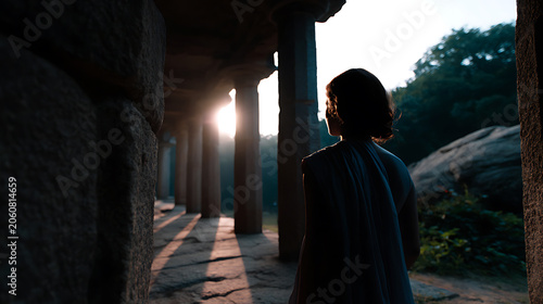 A lone figure stands in the archway of ancient stone ruins, silhouetted against the setting sun. The warm golden light casts long shadows.