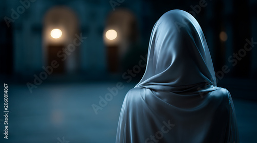 A veiled figure stands in a dimly lit, archaic corridor, creating an atmosphere of mystery and anticipation. The soft glow from distant arched openings hints at hidden depths and forgotten stories.
