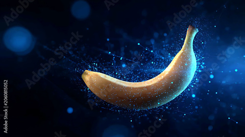 A solitary banana floats in a mystical dark blue environment with sparkling particles and ethereal light. The fruit appears illuminated from within, creating a surreal and captivating visual
