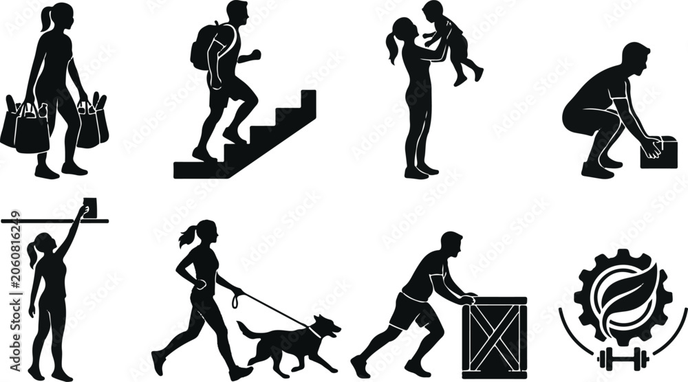 Fototapeta premium Functional fitness and incidental exercise silhouette icon set featuring daily activities like lifting carrying climbing stairs and dog walking