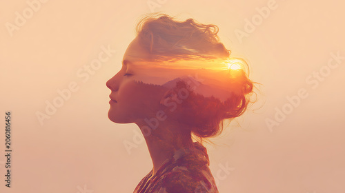 A double exposure photograph of a woman's profile overlaid with a landscape during sunset, creating a sense of introspection and connection with nature