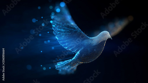 A glowing blue dove is depicted with ethereal particles trailing behind it against a dark background, symbolizing peace and transcendence
