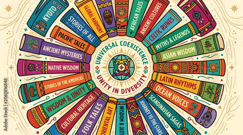 Schilderij op canvas Circle of Books Representing Universal Coexistence and Unity in Diversity