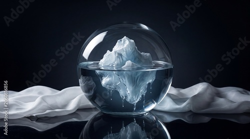 Environmental Global Warming Concept with Iceberg Floating inside Clear Glass Sphere Globe