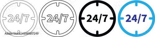 Fotografie Four 24/7 service outline, filled outline, black, and blue twenty four seven