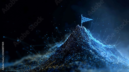 A digital mountain peak with a glowing flag, representing achievement and technological advancement in a dark, ethereal landscape