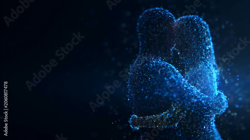 Abstract digital art depicting a couple embracing, formed from glowing blue particles against a dark, starry background. The particles subtly shift and swirl.