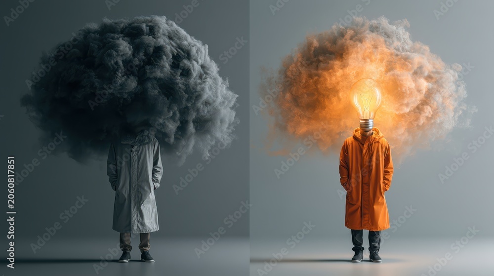 Obraz premium A conceptual image showing two figures with cloud-like heads, one dark and stormy, the other glowing with a bright lightbulb.