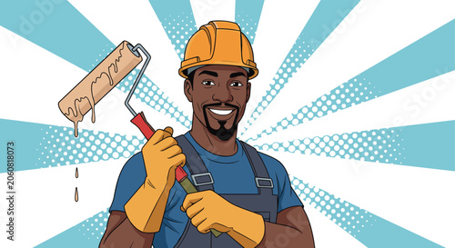 Smiling african american painter wearing a yellow hard hat and gloves holds a paint roller against a blue and white striped background in pop art.