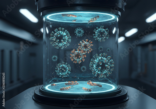 Virus particles in transparent container