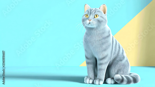 A fluffy gray cat with yellow eyes sits attentively, looking to the side against a pastel background. The cat has distinct tabby stripes and a well-groomed appearance.