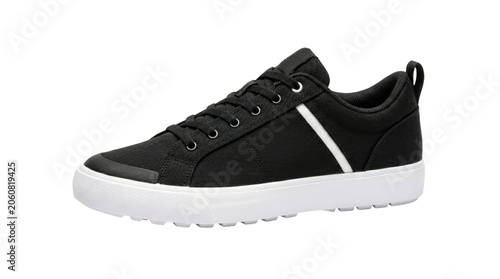 Black athletic sneaker with white sole on clean background.