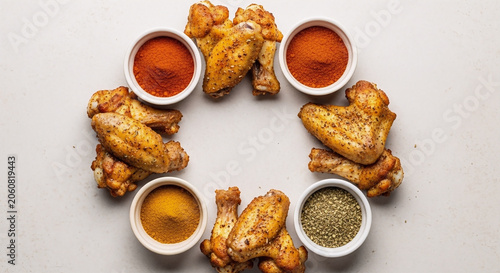 A top-down view of delicious roasted chicken wings dry rub arranged in a circular pattern with small bowls filled with colorful herbs and assorted spices