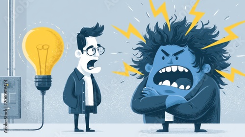 A man with a lightbulb head shouts angrily at a shocked man wearing glasses, with lightning bolts emphasizing the anger.