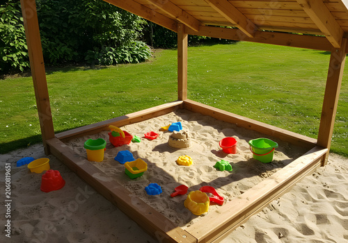 Wooden sandbox filled with play toys