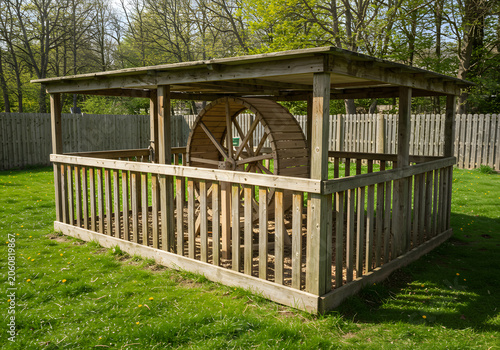 Wooden water wheel shelter in garden