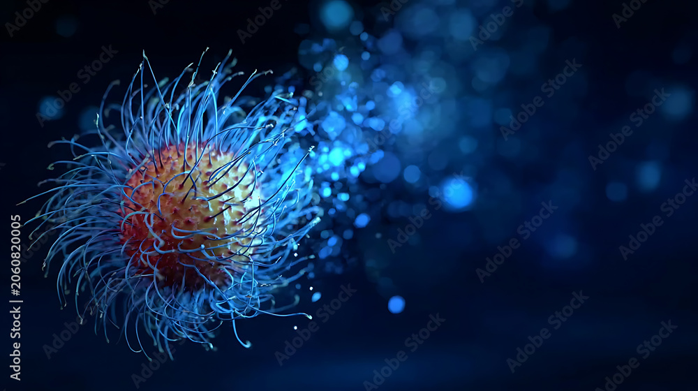 Fototapeta premium A microscopic view of a virus with its glowing blue tendrils extending outwards in a dark, abstract space. The virus particle is red and orange in the center.