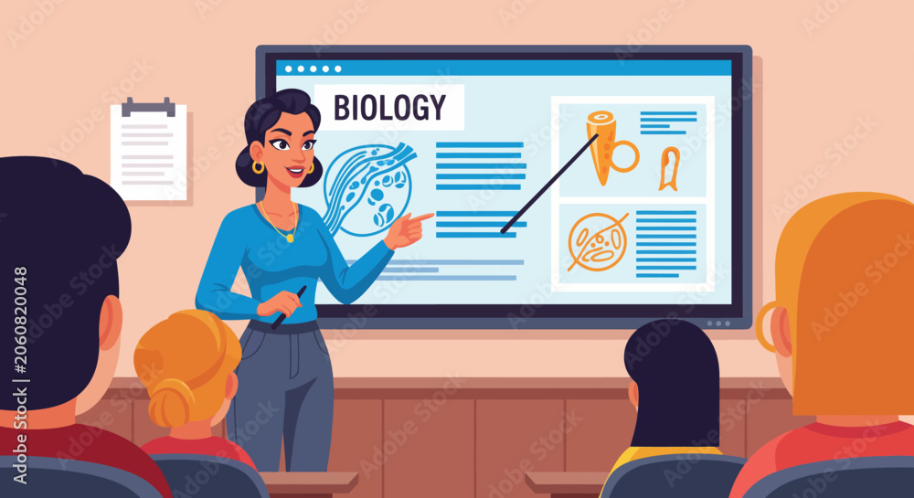 Fototapeta premium Female teacher explaining biology lesson on smartboard to students