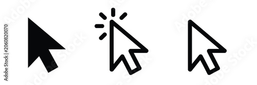 Cursor mouse click icon set featuring click arrow icons and computer mouse cursor symbols for web and application interface design.