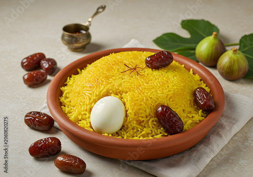 Yellow rice with dates and egg