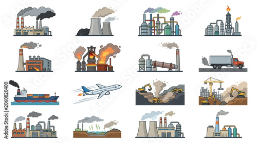Tableau sur toile Industrial Pollution and Environmental Impact Icons.