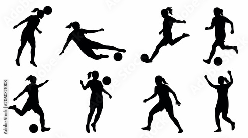 Female soccer player silhouettes set, 8 vector icons of women playing football, athletic girls kicking ball and celebrating goals