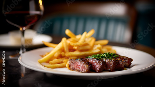 A perfectly cooked steak with crispy french fries served on a white plate, accompanied by a glass of red wine. The meal is presented in a dimly lit, upscale restaurant setting