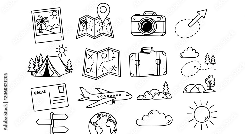 Fototapeta premium Travel and adventure icons, vacation planning concept, tourism symbols