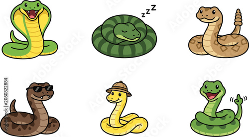 Cute snake cartoon character vector collection set featuring friendly serpent mascots including cobra rattlesnake sleeping and wearing sunglasses isolated on white background