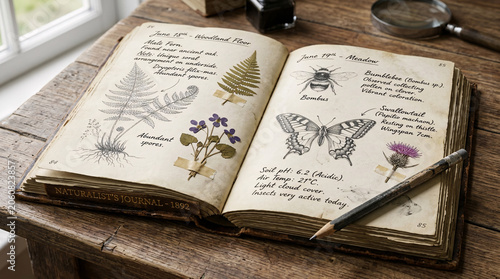 Open vintage naturalist journal with detailed pencil sketches of botanical plants and insects on a rustic wooden table with a magnifying glass. Homeschool Botany & Vintage Naturalist Studies