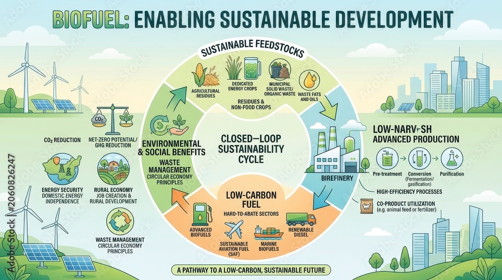 Obraz premium Biofuel Enabling Sustainable Development Circular Economy Cycle.