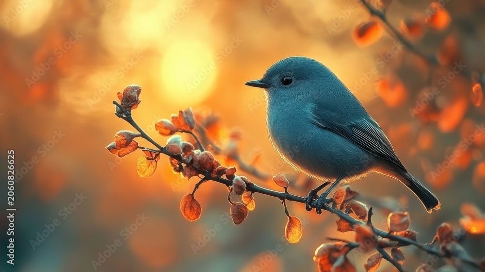 Obraz premium Small Blue Bird Perched On A Branch At Sunset With Warm Golden Hour Backlighting And Blurred Bokeh