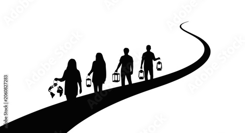Fotografie Silhouettes of people with lanterns walking on a winding path, leading towards the future