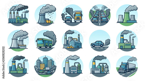 Photos Industrial Pollution Symbols and Environmental Icons.