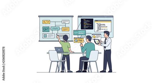 A vector illustration of a team collaborating on software development, featuring flowcharts, code snippets, and digital devices in a workspace.
