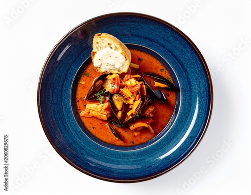 Classic French Bouillabaisse Seafood Stew In Blue Bowl Isolated On White Background