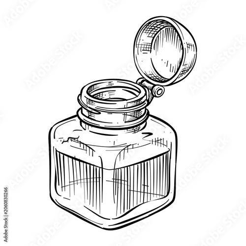 vintage glass inkwell bottle vector line art hand drawn illustration