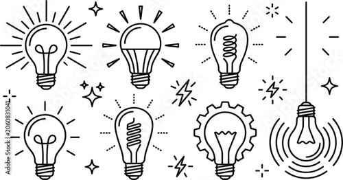 Foto Light bulb line icon set featuring glowing led spiral incandescent halogen gear hanging and creative innovation energy symbols