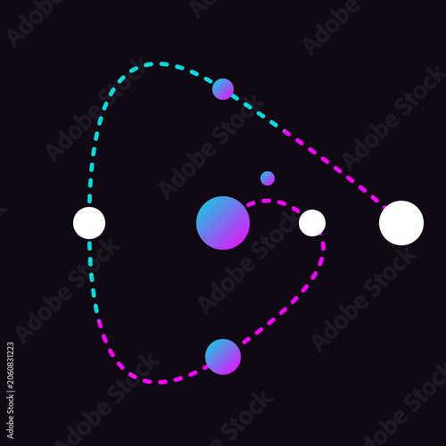 Abstract neon planetary network with digital connection lines and data nodes on dark celestial illustration