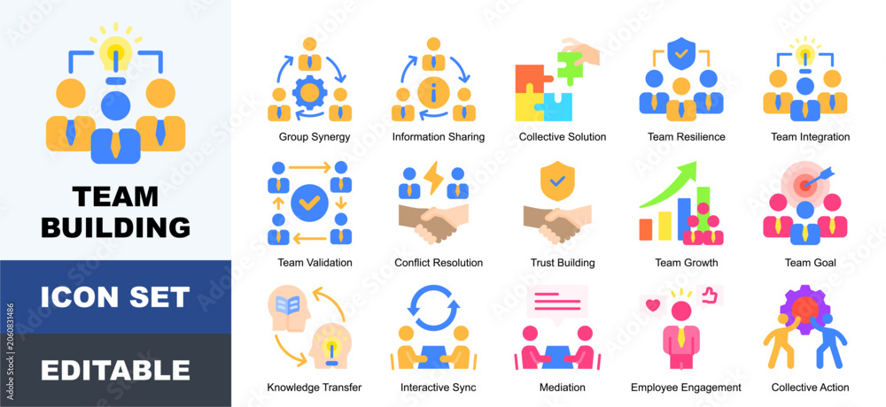 Fototapeta premium Team Building Icon Pack Featuring Alliance, Collaboration, Communication, Cooperation, Engagement, Management, Partnership and Teamwork
