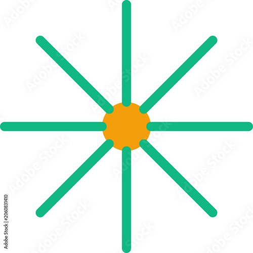 Minimalist graphic representing a bright orange center surrounded by eight long green spokes star illustration