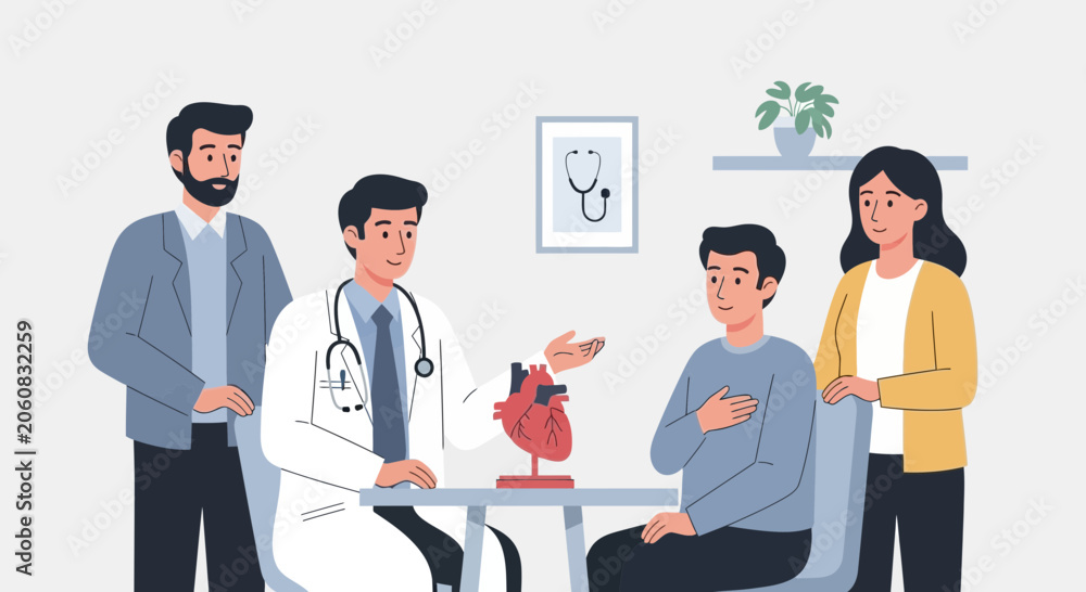 Fototapeta premium Doctor shows heart model to patient and family, discussing health