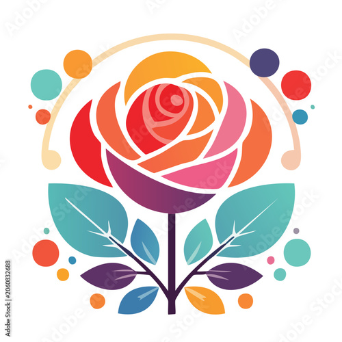 Stylized rose illustration with colorful petals and leaves