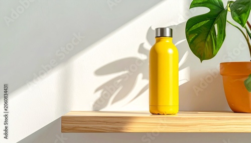 Minimalist Yellow Reusable Water Bottle Mockup with Indoor Plant AI