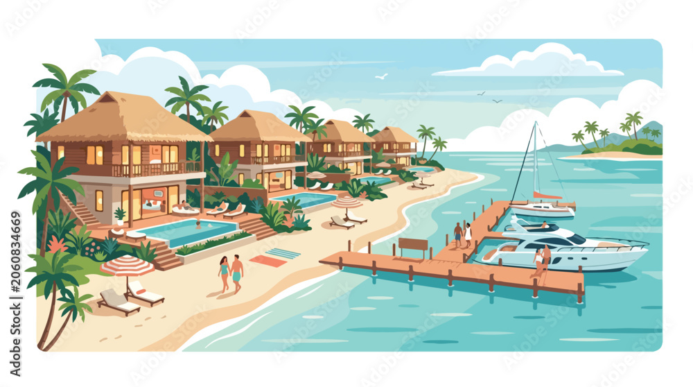 Fototapeta premium Luxury tropical beach resort with thatched villas, private pools, palm trees, and a wooden pier with yachts under a clear blue sky for a perfect summer holiday