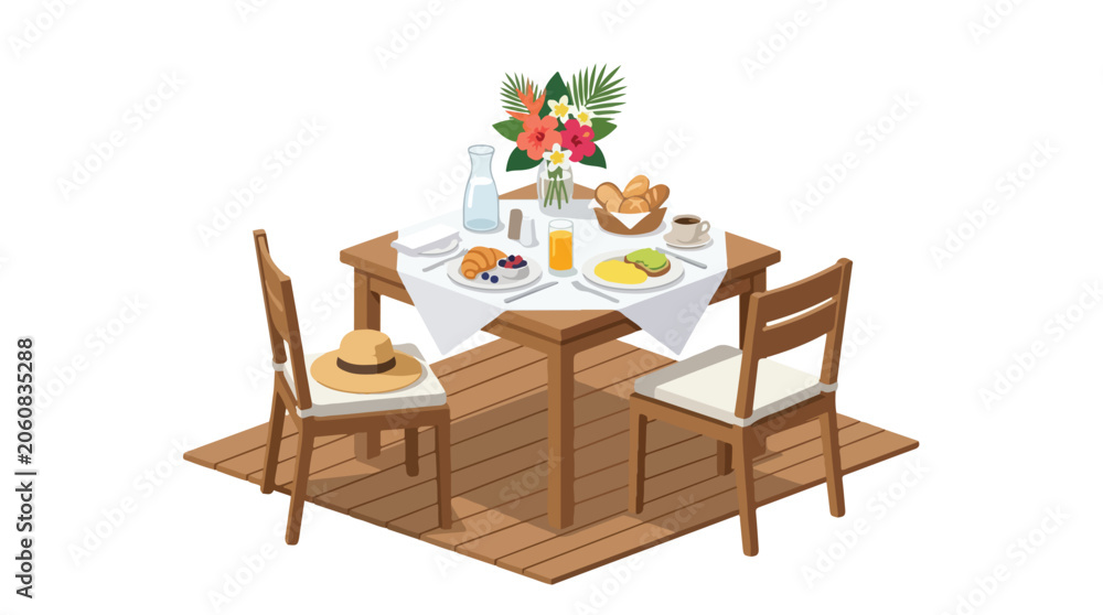 Obraz premium Isometric vector illustration of a tropical breakfast for two on a wooden deck at a luxury resort featuring croissants coffee and fresh flowers on a white background