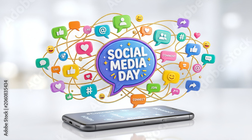 Modern 3D Render: Smartphone with 'SOCIAL MEDIA DAY' Speech Bubble and Floating Colorful Social Media Icons