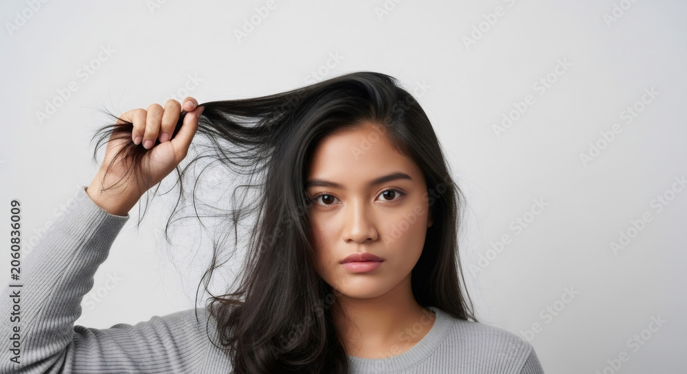 Naklejka premium Young Asian Woman Examines Her Dark Hair Strands Against a White Background