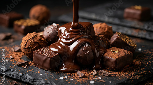 Rich chocolate truffles, decadent brown sweets, melted cocoa, indulgent treats