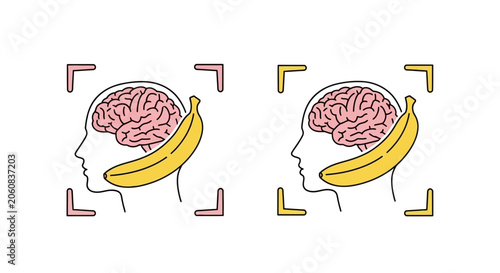 Brain with Banana Inside Head Silhouette, Funny Concept Art, Surreal Humor